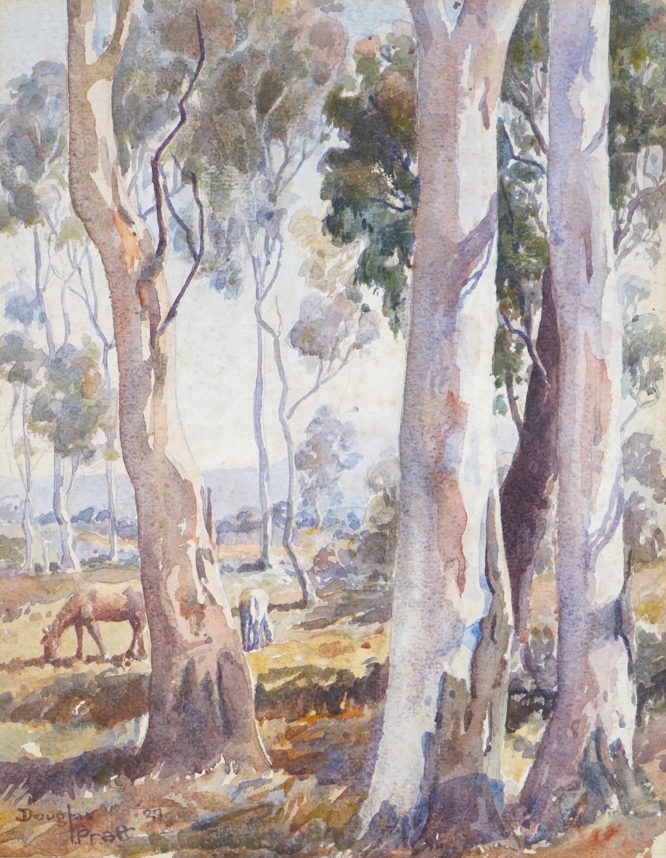 Douglas Pratt (Australian, 1900-1972), watercolour, Woodland landscape with horses, signed and dated '37, 26 x 21cm